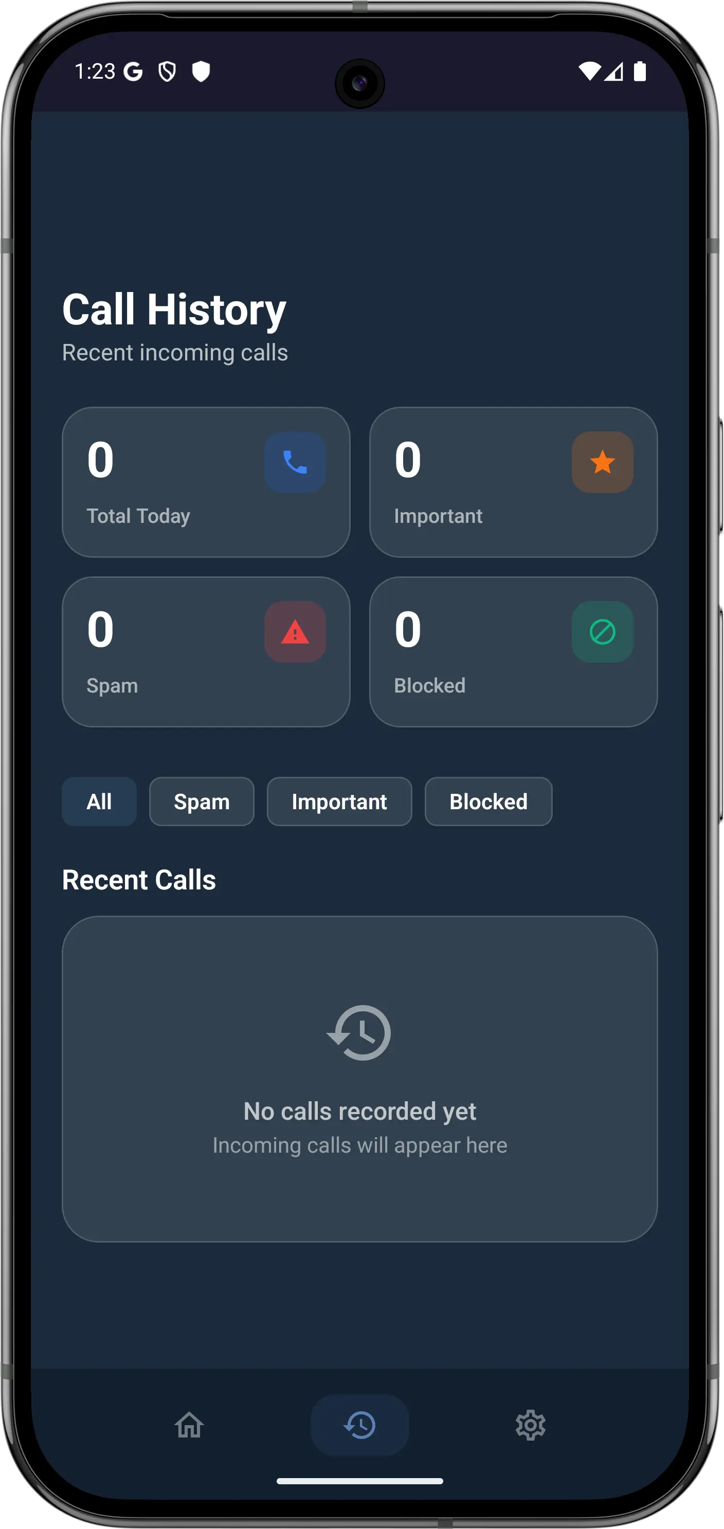 Smart Call Assistant call history screen showing categorized calls: important, spam, and blocked