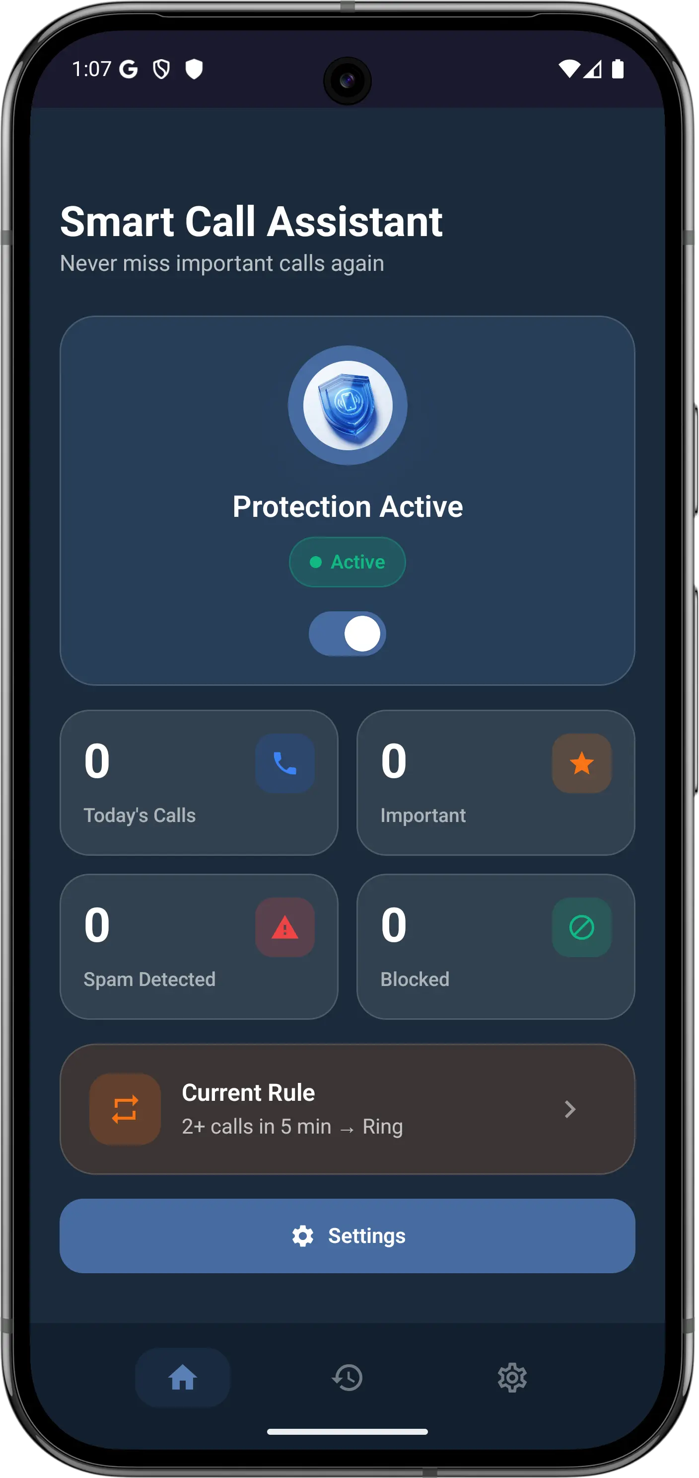 Smart Call Assistant home screen showing repeat caller detection and silent mode override on Android