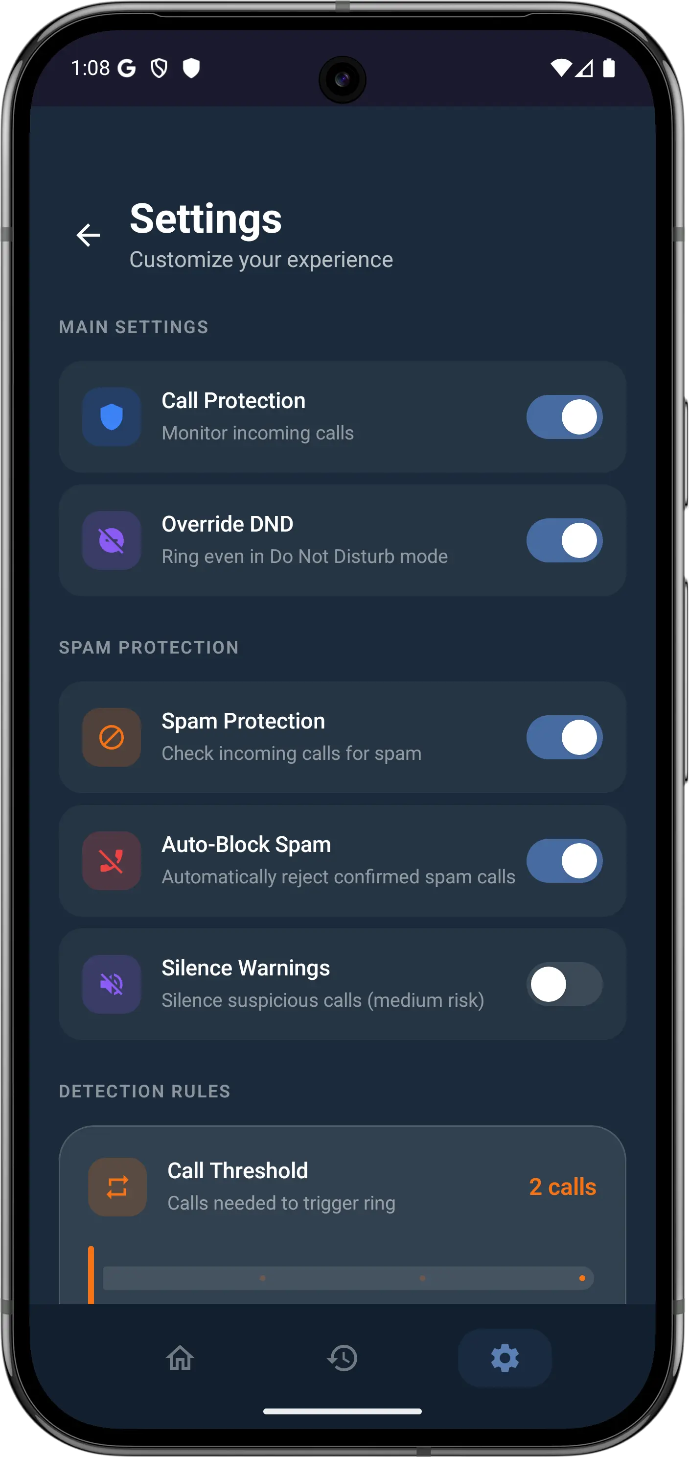 Smart Call Assistant settings screen with configurable detection rules and time windows